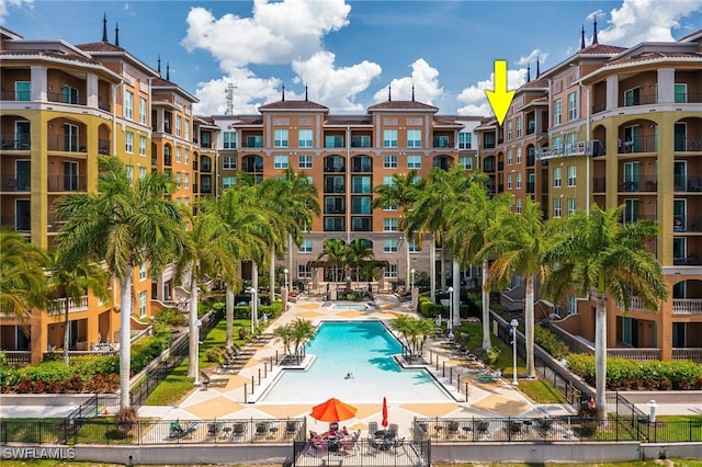 view of swimming pool featuring a patio