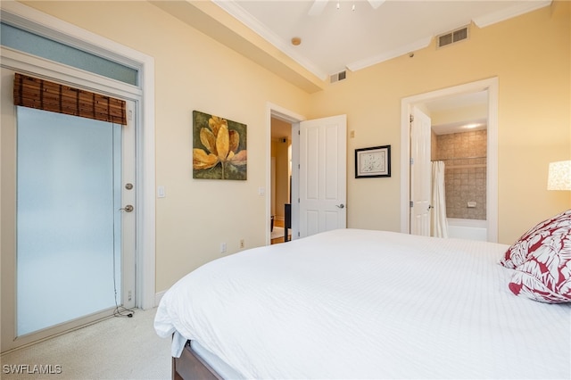 bedroom with ceiling fan, ensuite bathroom, and ornamental molding