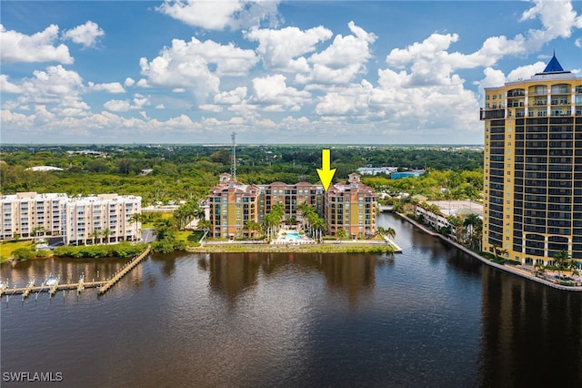 aerial view featuring a water view