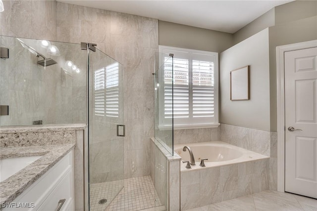 bathroom featuring vanity, tile patterned flooring, and shower with separate bathtub