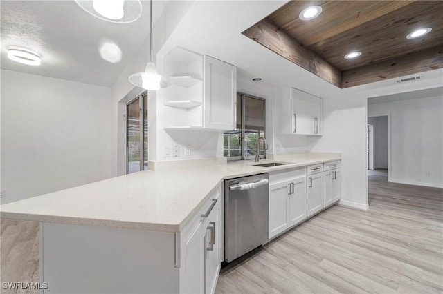 kitchen featuring kitchen peninsula, sink, white cabinets, and dishwasher