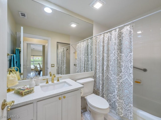 full bathroom with toilet, vanity, and shower / bathtub combination with curtain