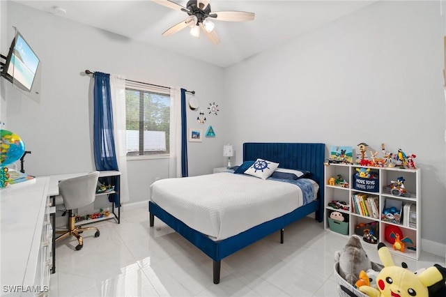 tiled bedroom with ceiling fan