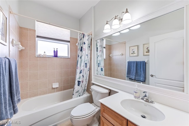 full bathroom with toilet, vanity, and shower / bathtub combination with curtain