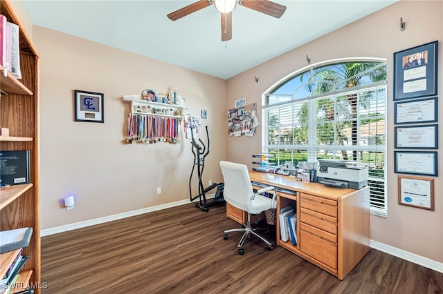 office space with ceiling fan and dark hardwood / wood-style flooring