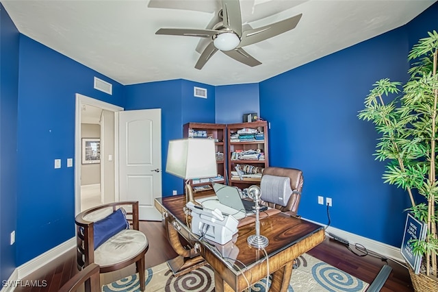 home office with ceiling fan and wood-type flooring