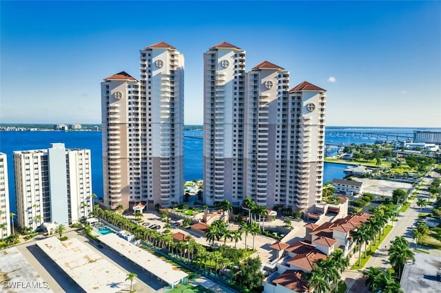 birds eye view of property featuring a water view