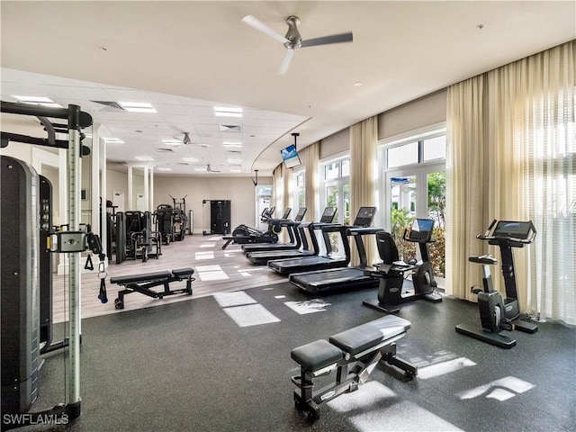 gym with a drop ceiling and ceiling fan