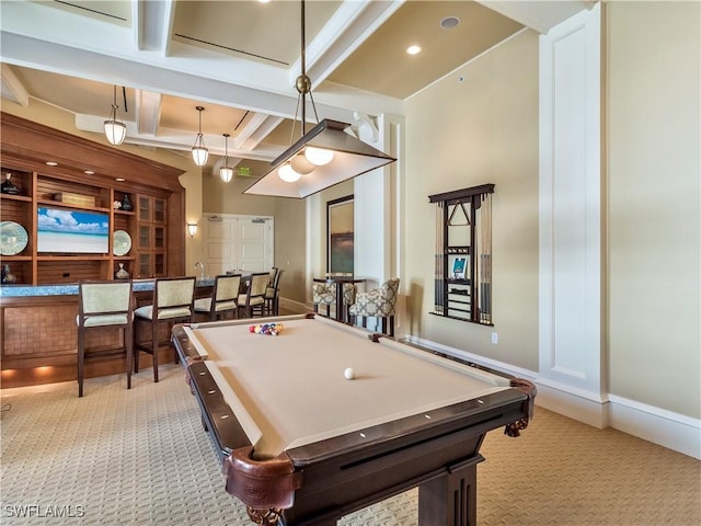 game room with coffered ceiling, light carpet, beam ceiling, and billiards