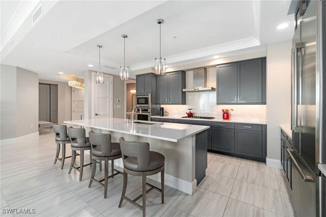 kitchen with a raised ceiling, an island with sink, stainless steel appliances, and wall chimney exhaust hood