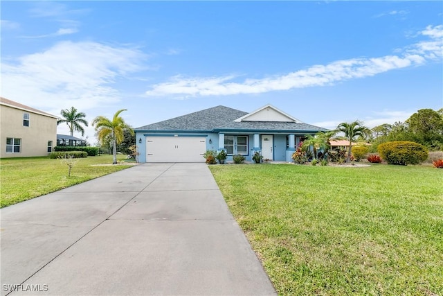 ranch-style house featuring a front lawn, concrete driveway, an attached garage, and stucco siding