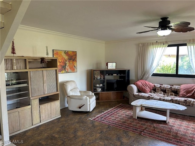 living room with crown molding and ceiling fan