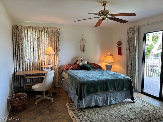 bedroom featuring access to exterior and ceiling fan