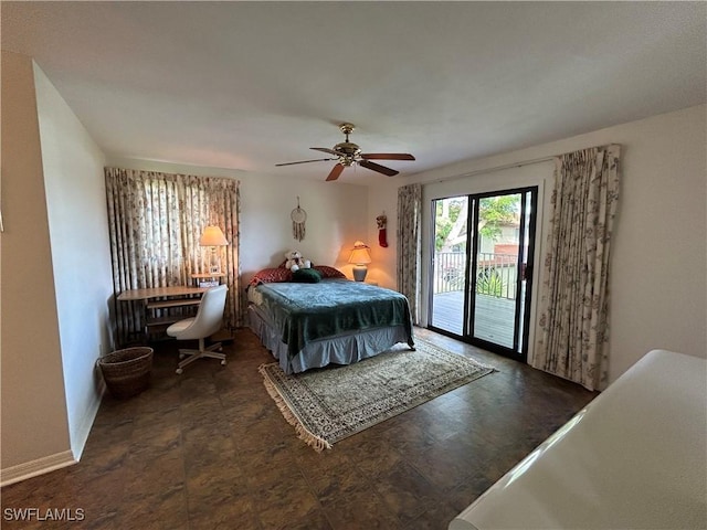 bedroom with ceiling fan and access to exterior