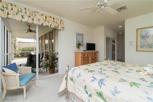 carpeted bedroom featuring access to exterior and ceiling fan