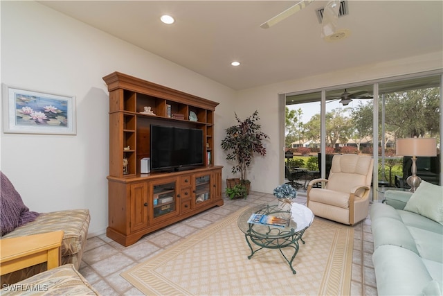 living room featuring ceiling fan