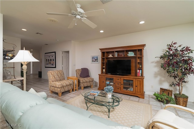 8461 Southbridge Dr Unit 4, Estero, FL 33967 - living area with recessed lighting, a ceiling fan, and tile patterned flooring