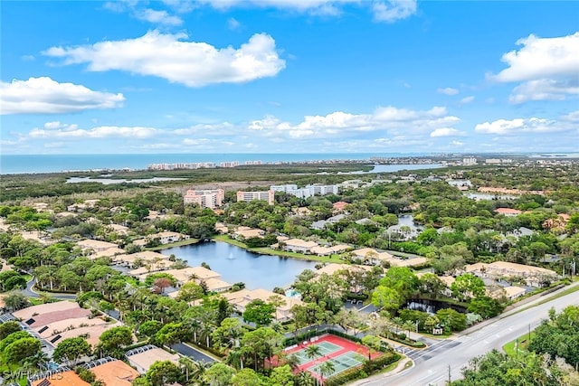 drone / aerial view featuring a water view