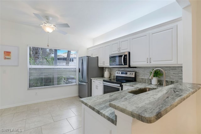 kitchen with sink, white cabinetry, appliances with stainless steel finishes, kitchen peninsula, and decorative backsplash