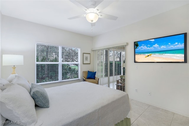 bedroom with access to outside and ceiling fan