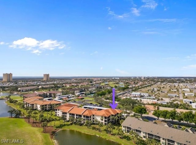 drone / aerial view featuring a water view