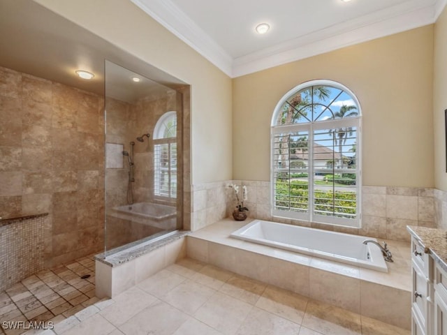 bathroom with crown molding, vanity, separate shower and tub, and tile patterned flooring