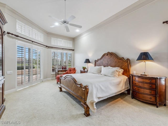 bedroom with ceiling fan, ornamental molding, access to exterior, and light colored carpet