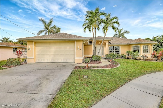 ranch-style home with a garage and a front lawn