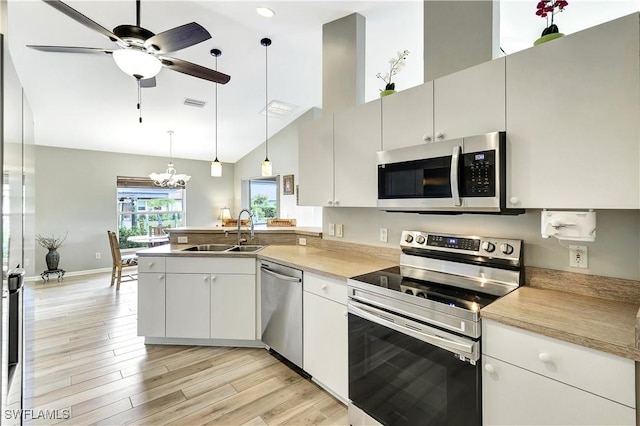 kitchen featuring white cabinets, decorative light fixtures, stainless steel appliances, sink, and kitchen peninsula