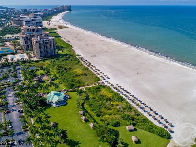 bird's eye view featuring a view of the beach and a water view