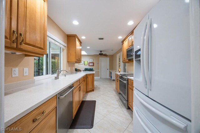 kitchen with stainless steel appliances, sink, ceiling fan, and kitchen peninsula