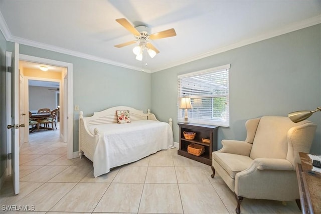 tiled bedroom featuring ornamental molding and ceiling fan