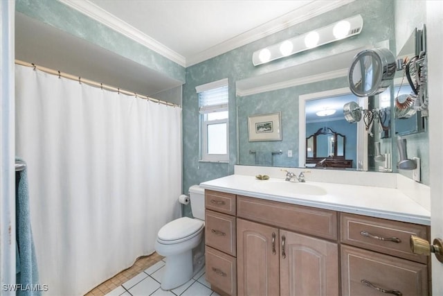 bathroom with tile patterned flooring, vanity, ornamental molding, and toilet