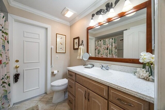 bathroom with tile patterned flooring, vanity, toilet, crown molding, and a shower with shower curtain