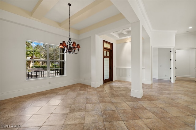 unfurnished dining area featuring light tile patterned floors, an inviting chandelier, and ornamental molding