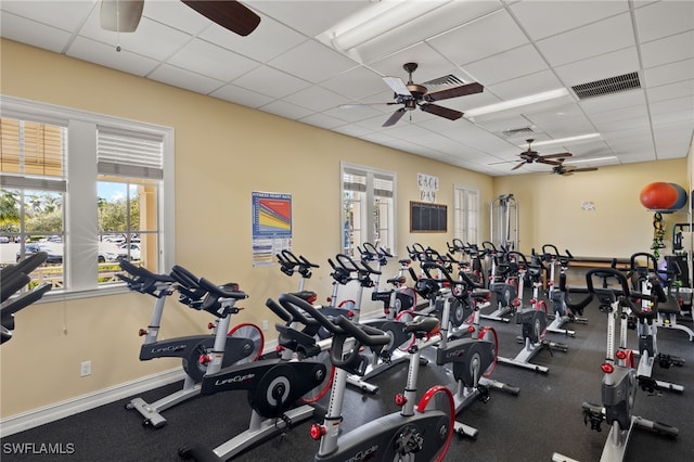 gym with a drop ceiling, a ceiling fan, and visible vents