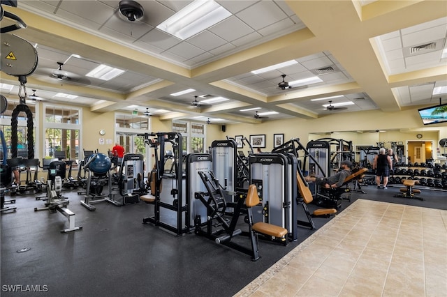 exercise room featuring ceiling fan and coffered ceiling