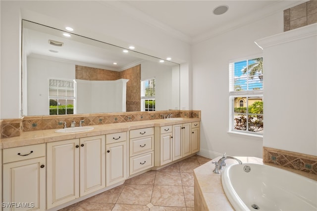 bathroom with vanity, tile patterned flooring, backsplash, crown molding, and a relaxing tiled tub