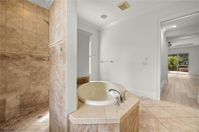 bathroom with ceiling fan, tile patterned floors, independent shower and bath, and ornamental molding