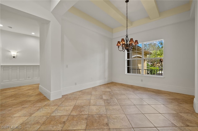 unfurnished dining area featuring a notable chandelier, beamed ceiling, and light tile patterned flooring