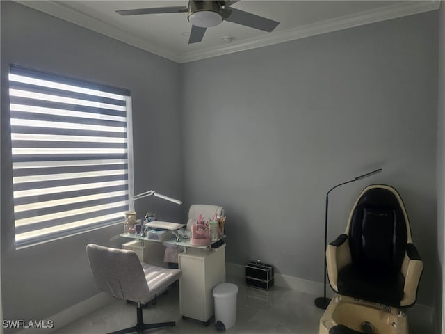 office featuring ceiling fan and ornamental molding