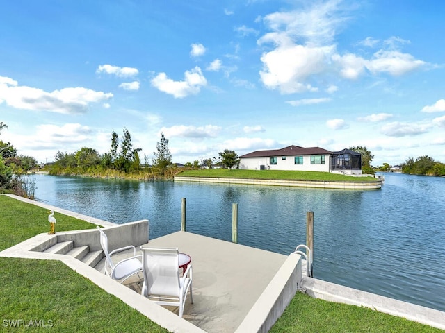 view of dock featuring a water view and a lawn