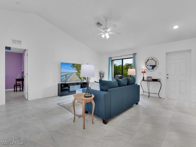 living room with ceiling fan and high vaulted ceiling