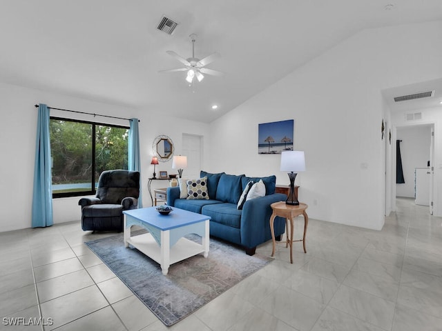 living room featuring ceiling fan and lofted ceiling