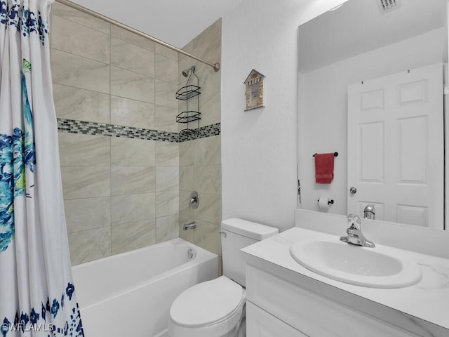 full bathroom with toilet, vanity, and shower / bathtub combination with curtain