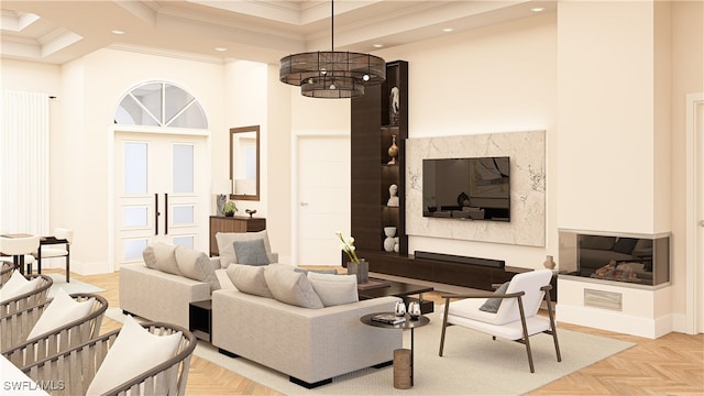 living room featuring a high ceiling, light parquet flooring, crown molding, and an inviting chandelier