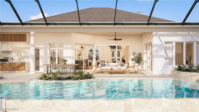 rear view of house with ceiling fan, a patio area, and outdoor lounge area