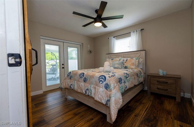 bedroom with ceiling fan, access to exterior, dark hardwood / wood-style flooring, and french doors