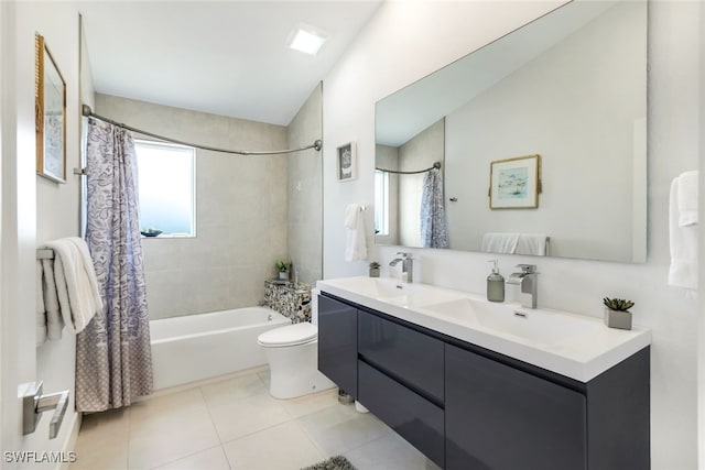 full bathroom with vanity, tile patterned flooring, shower / bath combination with curtain, and toilet