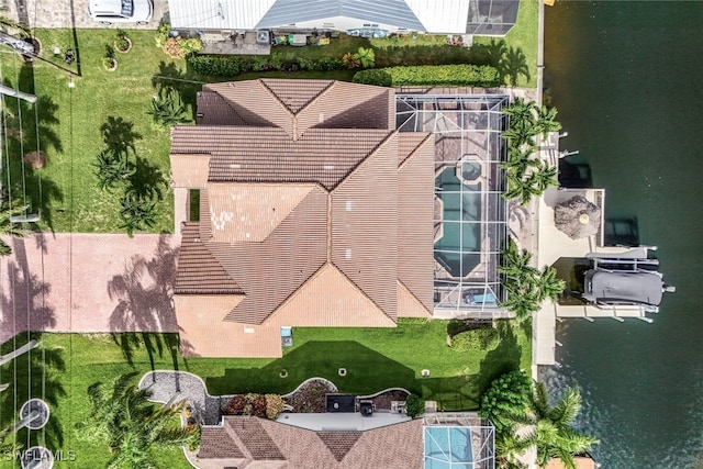 aerial view featuring a water view